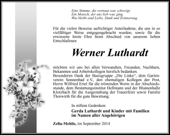 Traueranzeige von Werner Luthardt von Südthüringer Presse