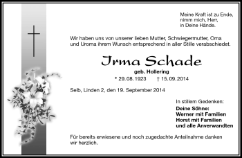 Traueranzeige von Irma Schade von Frankenpost