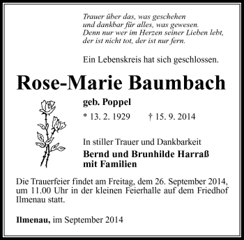 Traueranzeige von Rose-Marie Baumbach von Südthüringer Presse