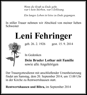 Traueranzeige von Leni Fehringer von Südthüringer Presse