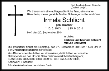 Traueranzeige von Irmela Schlicht von Frankenpost