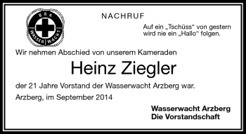 Traueranzeige von Heinz Ziegler von Frankenpost