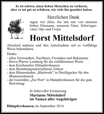 Traueranzeige von Horst Mittelsdorf von Südthüringer Presse