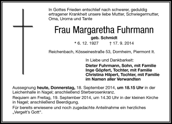 Traueranzeige von Margaretha Fuhrmann von Frankenpost