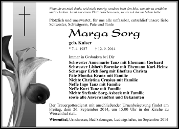 Traueranzeige von Marga Sorg von Südthüringer Presse