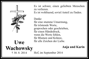 Traueranzeige von Uwe Wachowsky von Frankenpost
