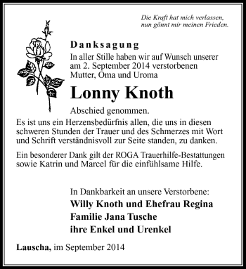 Traueranzeige von Lonny Knoth von Südthüringer Presse