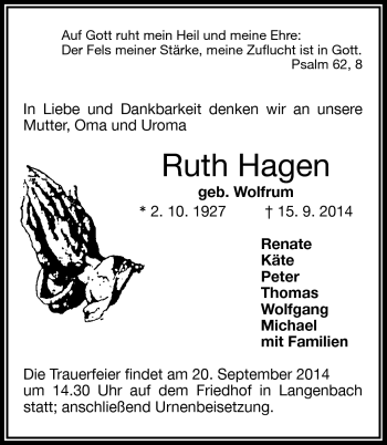 Traueranzeige von Ruth Hagen von Frankenpost