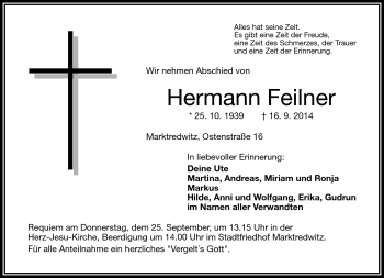 Traueranzeige von Hermann Feilner von Frankenpost