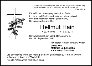 Traueranzeige von Hellmut Hain von Frankenpost
