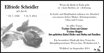 Traueranzeige von Elfriede Scheidler von Südthüringer Presse
