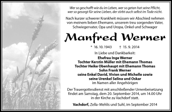 Traueranzeige von Manfred Werner von Südthüringer Presse