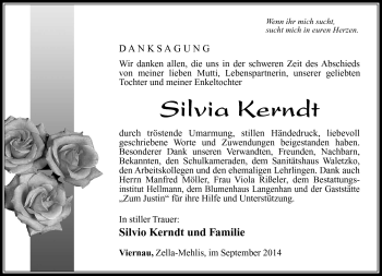 Traueranzeige von Sivlia Kerndt von Südthüringer Presse