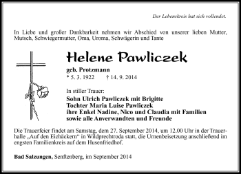 Traueranzeige von Helene Pawliczek von Südthüringer Presse