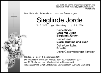 Traueranzeige von Sieglinde Jorde von Neue Presse Coburg