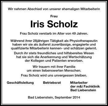 Traueranzeige von Iris Scholz von Südthüringer Presse