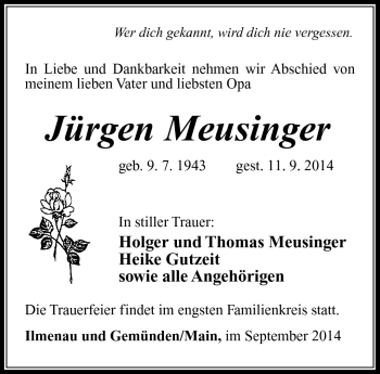 Traueranzeige von Jürgen Meusinger von Südthüringer Presse