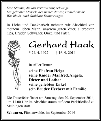 Traueranzeige von Gerhard Haak von Südthüringer Presse
