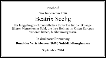 Traueranzeige von Beatrix Seelig von Südthüringer Presse