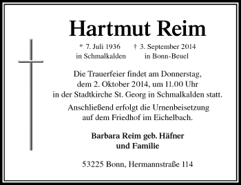 Traueranzeige von Hartmut Reim von Südthüringer Presse
