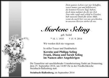 Traueranzeige von Marlene Seling von Südthüringer Presse