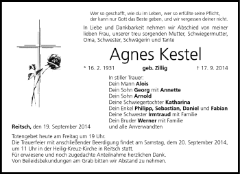Traueranzeige von Agnes Kestel von Neue Presse Coburg