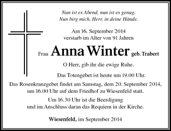 Traueranzeige von Anna Winter von Südthüringer Presse
