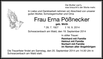 Traueranzeige von Erna Pößnecker von Frankenpost