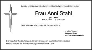 Traueranzeige von Anni Stahl von Frankenpost