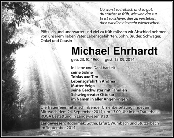 Traueranzeige von Michael Ehrhardt von Südthüringer Presse