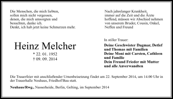 Traueranzeige von Heinz Melcher von Südthüringer Presse