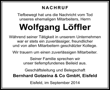Traueranzeige von Wolfgang Löffler von Südthüringer Presse