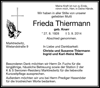 Traueranzeige von Frieda Thiermann von Frankenpost