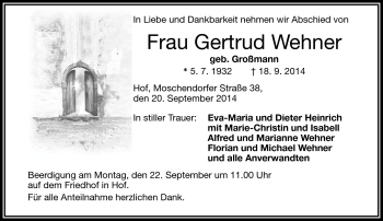 Traueranzeige von Gertrud Wehner von Frankenpost