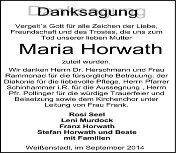 Traueranzeige von Maria Horwath von Frankenpost