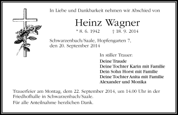 Traueranzeige von Heinz Wagner von Frankenpost