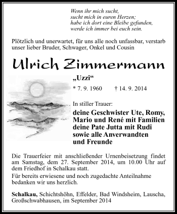 Traueranzeige von Ulrich Zimmermann von Südthüringer Presse