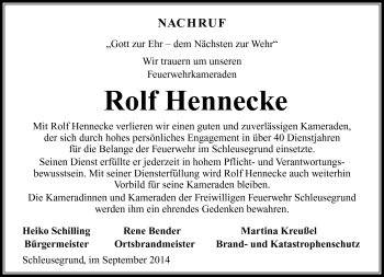 Traueranzeige von Rolf Hennecke von Südthüringer Presse