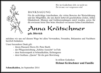 Traueranzeige von Anna Krätschmer von Südthüringer Presse