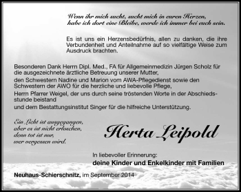 Traueranzeige von Herta Leipold von Südthüringer Presse