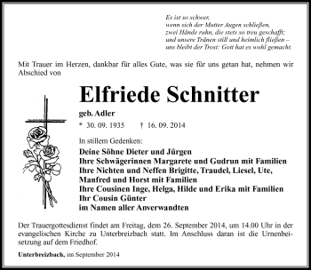 Traueranzeige von Elfriede Schnitter von Südthüringer Presse