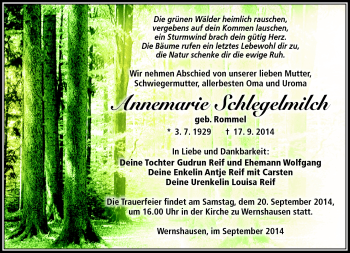 Traueranzeige von Annemarie Schlegelmilch von Südthüringer Presse