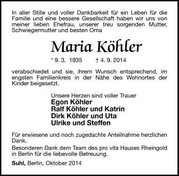 Traueranzeige von Maria Köhler von Südthüringer Presse