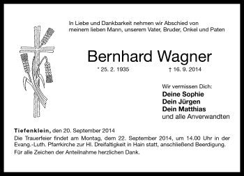 Traueranzeige von Bernhard Wagner von Neue Presse Coburg