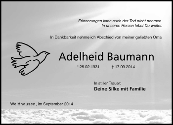 Traueranzeige von Adelheid Baumann von Neue Presse Coburg