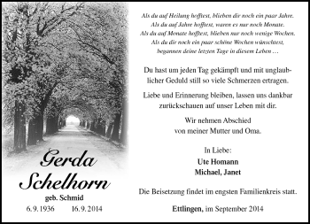 Traueranzeige von Gerda Schelhorn von Südthüringer Presse