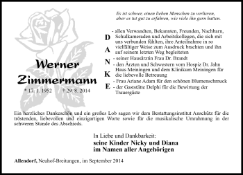 Traueranzeige von Werner Zimmermann von Südthüringer Presse