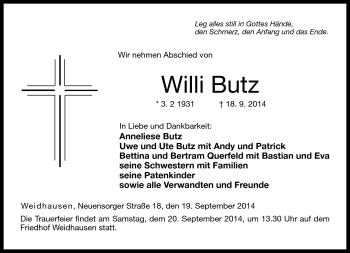 Traueranzeige von Willi Butz von Neue Presse Coburg