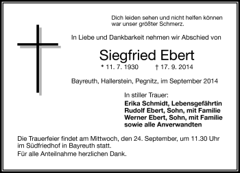 Traueranzeige von Siegfried Ebert von Frankenpost