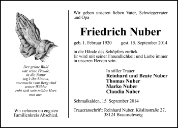 Traueranzeige von Friedrich Nuber von Südthüringer Presse